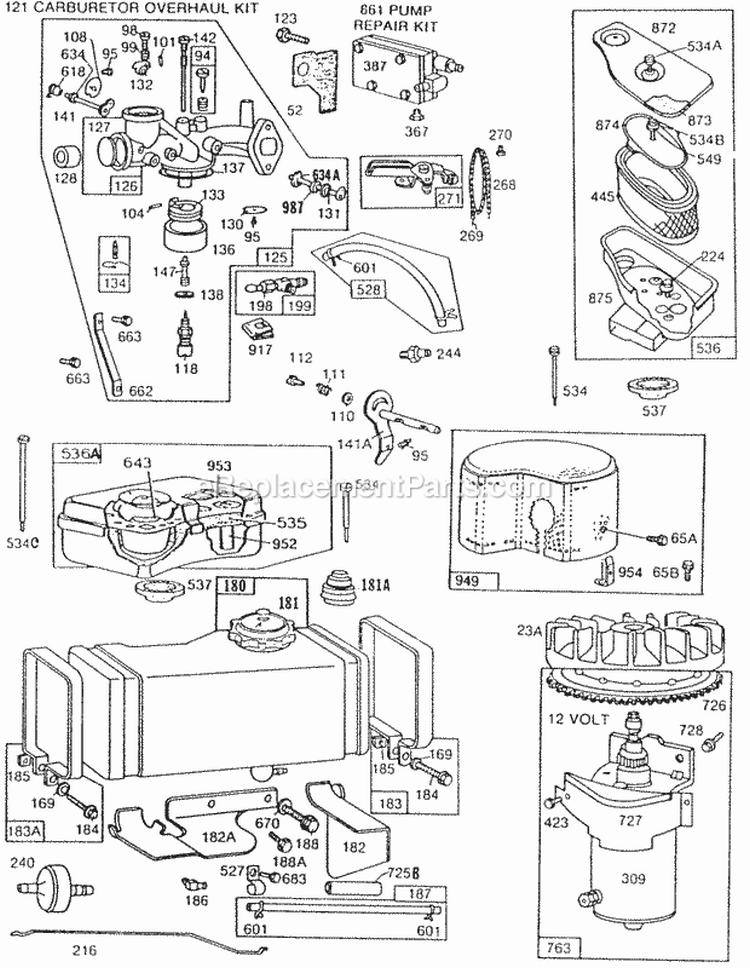 Carburetor And Fuel Tank Assy Diagram and Parts List for 193702-0170-01  Briggs and Stratton Engine
